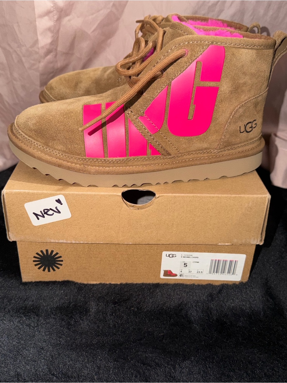 UGG Kids Chestnut Suede Boots with Bright Pink Logo